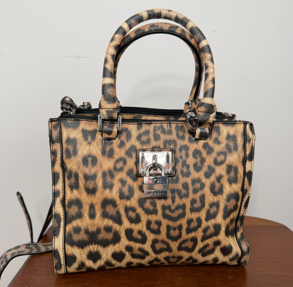 G by Guess Leopard Print Satchel Crossbody Bag Padlock Charm Silver Y2K Tote